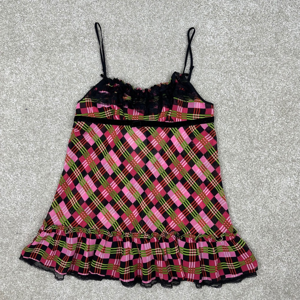 Betsey Johnson Y2k Plaid Mesh Babydoll Top Pink Green Black Lace Trim size Small